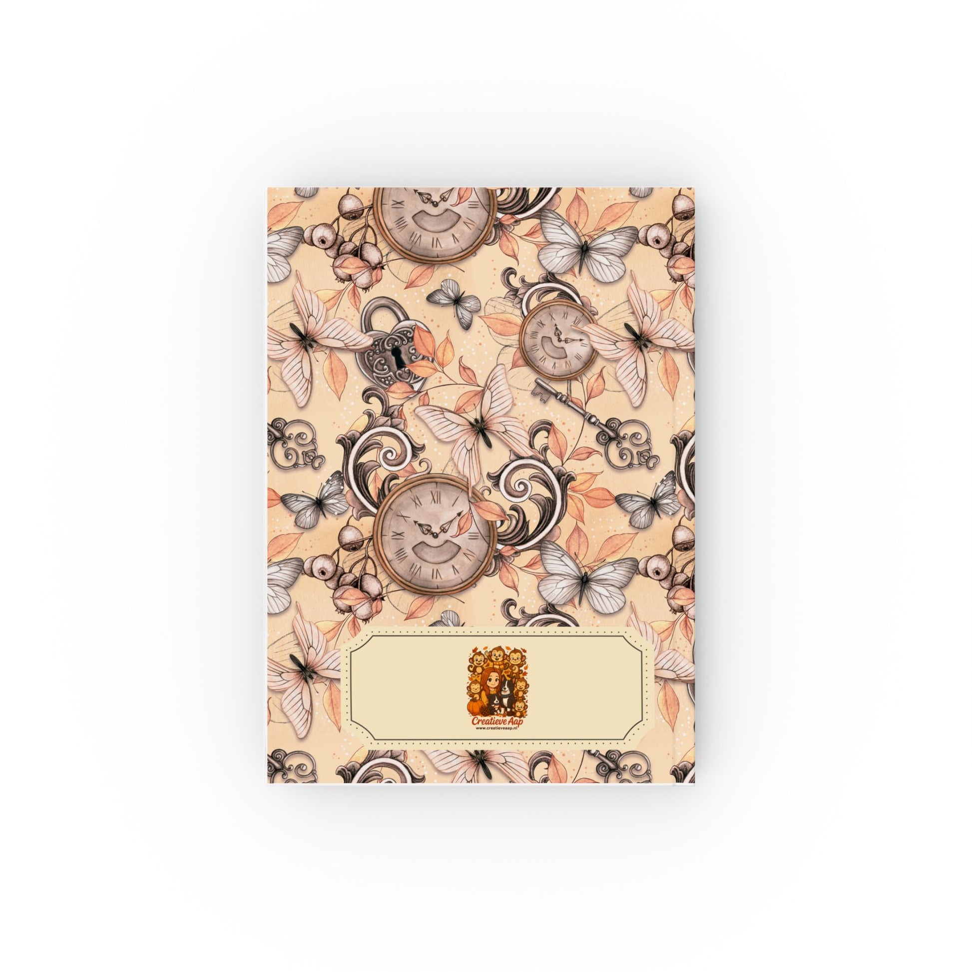 Notitieboek Vintage Tijd & Vlinders – voorkant met klokken en vlinders op beige achtergrond (13,2 x 18,8 cm)

Notitieboek Vintage Tijd & Vlinders – achterkant met klokken en vlinders, beige achtergrond (13,2 x 18,8 cm)