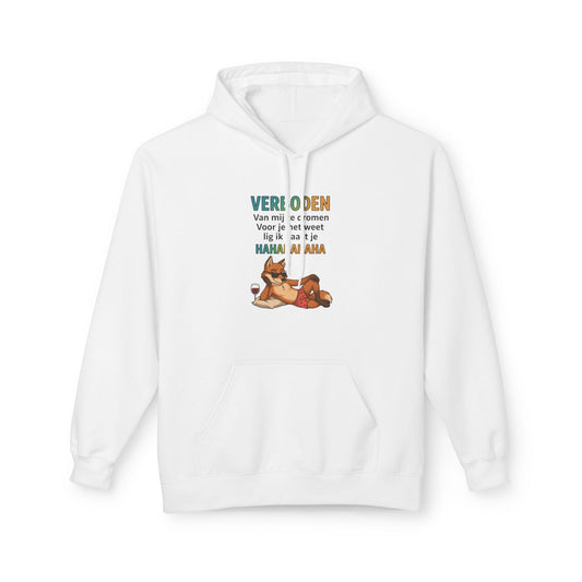 Hoodie humor verboden over mij te dromen wit voorkant. Hoodie met capuchon en trekkoord, buidelzak. met bedrukking humor