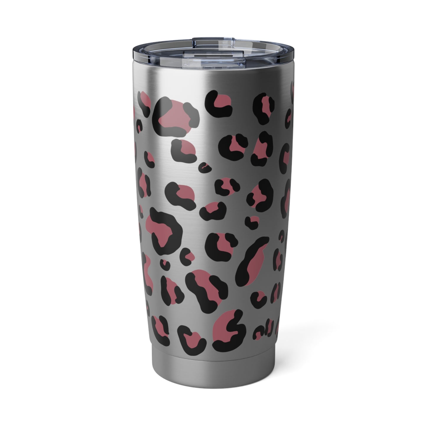 RVS tumbler 600ml met Herfst Dierenprint, luipaardmotief in roze en zwart op zilverkleurige achtergrond.