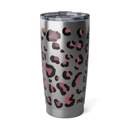 RVS tumbler 600ml met Herfst Dierenprint, luipaardmotief in roze en zwart op zilverkleurige achtergrond.