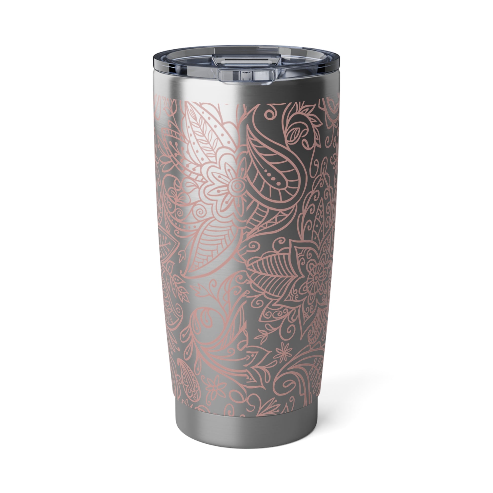 RVS tumbler van 600ml met zachtroze primrose bloemenprint op zilverkleurige achtergrond, dubbelwandig geïsoleerd met transparante schuifdeksel.