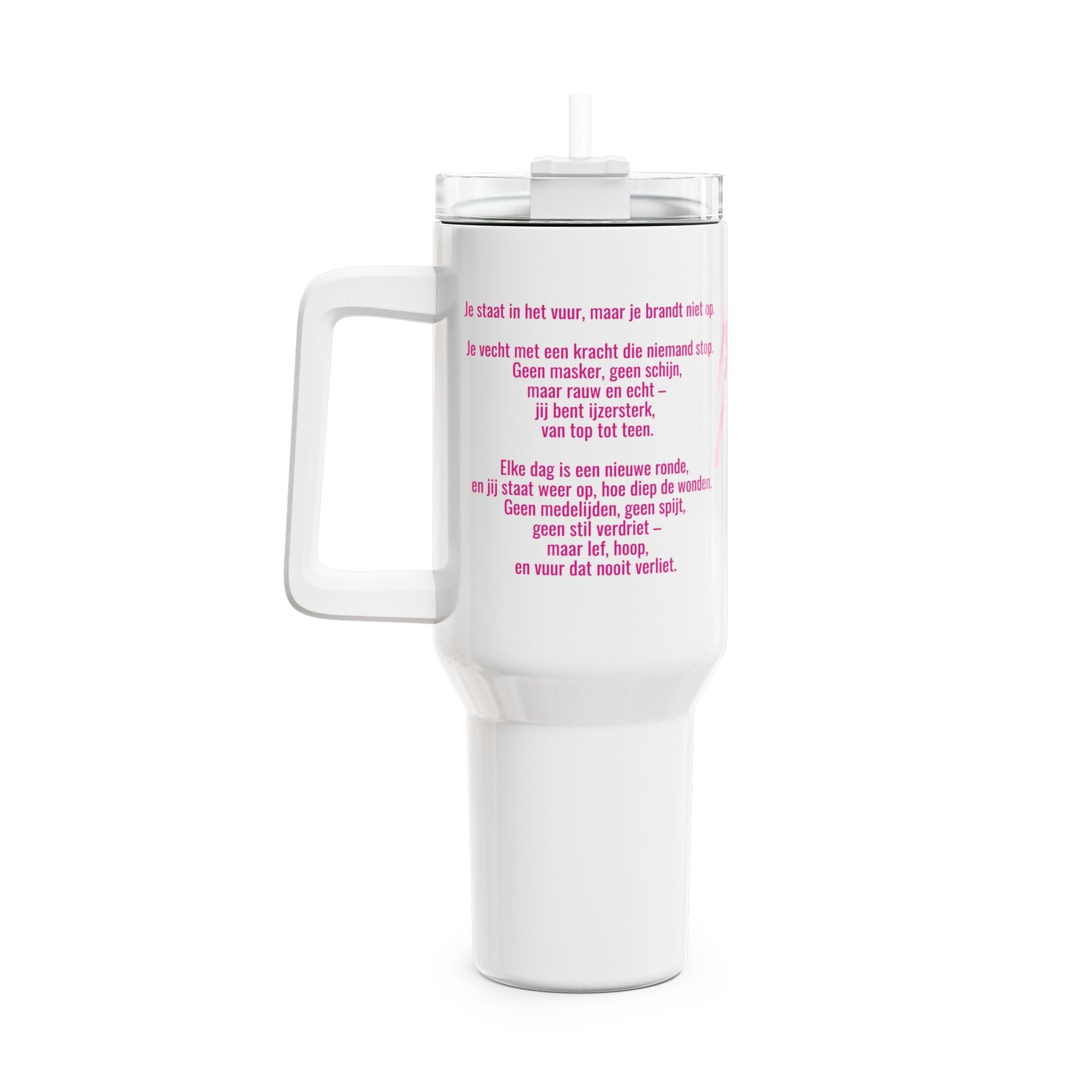 Tumbler met Handvat – Borstkanker Strijder – Inspirerende Tekst & Anime Karakter – 887 ml – Dubbelwandig RVS Printify