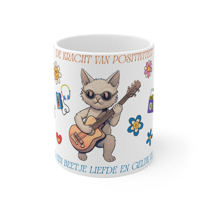 Mok "De Kracht van Positiviteit" – Kat met Gitaar – Retro Flower Power Design (325 ml & 440 ml) Printify