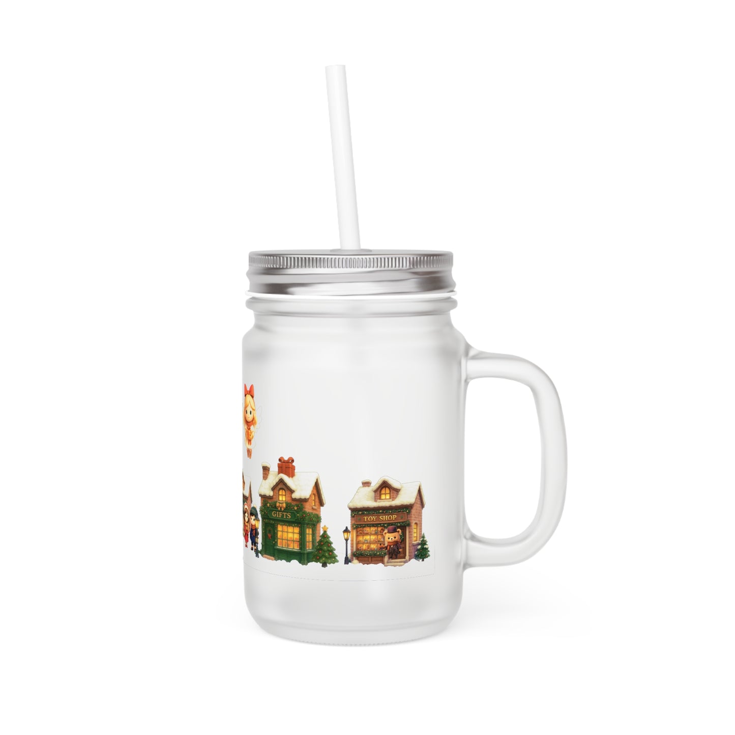 🏘️ Midwinter Village – Frosted Mason Jar met Rietje (12oz)