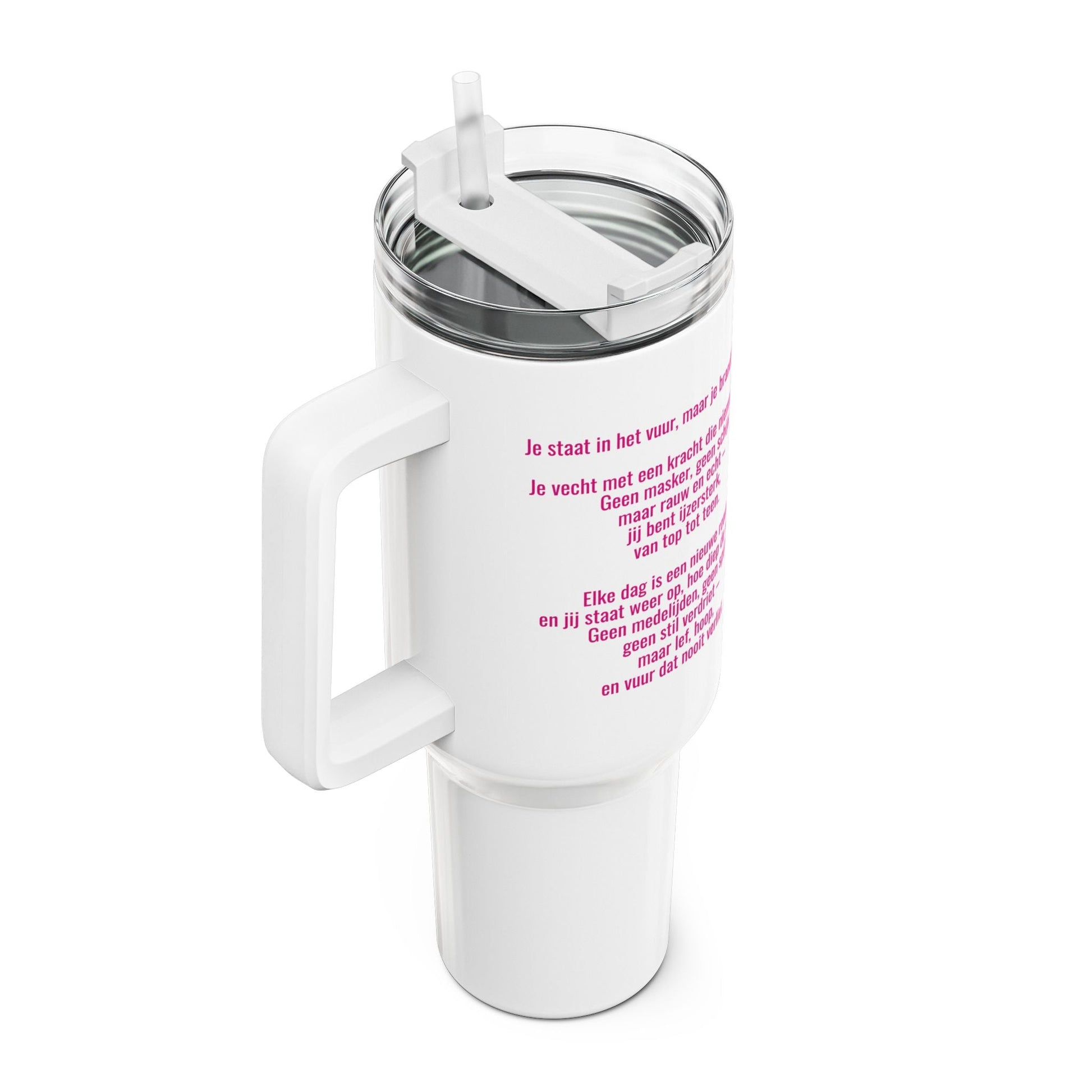 Tumbler met Handvat – Borstkanker Strijder – Inspirerende Tekst & Anime Karakter – 887 ml – Dubbelwandig RVS Printify