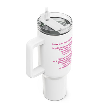 Tumbler met Handvat – Borstkanker Strijder – Inspirerende Tekst & Anime Karakter – 887 ml – Dubbelwandig RVS Printify