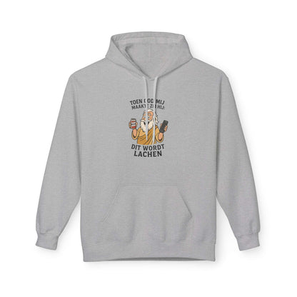 Humor dit wordt lachen hoodie Sporty Grey Capuchon met trekkoord en buidelzak. Afbeelding humor (god) met bier en afstandsbediening in hand. en tekst Toen god mij maakte zei hij: Dit wordt Lachen