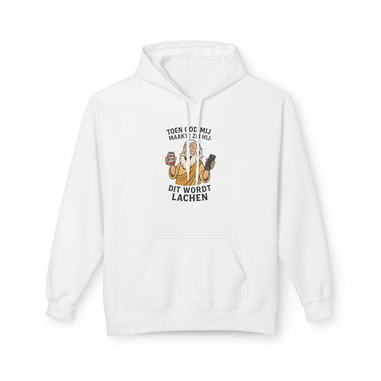 Humor dit wordt lachen hoodie wit. Capuchon met trekkoord en buidelzak. Afbeelding humor (god) met bier en afstandsbediening in hand. en tekst Toen god mij maakte zei hij: Dit wordt Lachen