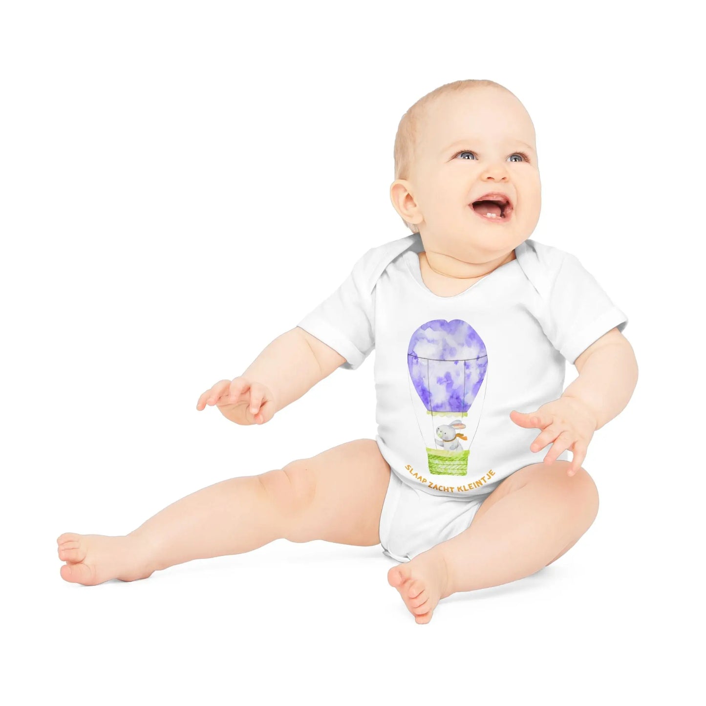 Slaap Zacht Kleintje Romper – Kawaii Romper met Konijn in Luchtballon | Biokatoen in 5 Kleuren Printify