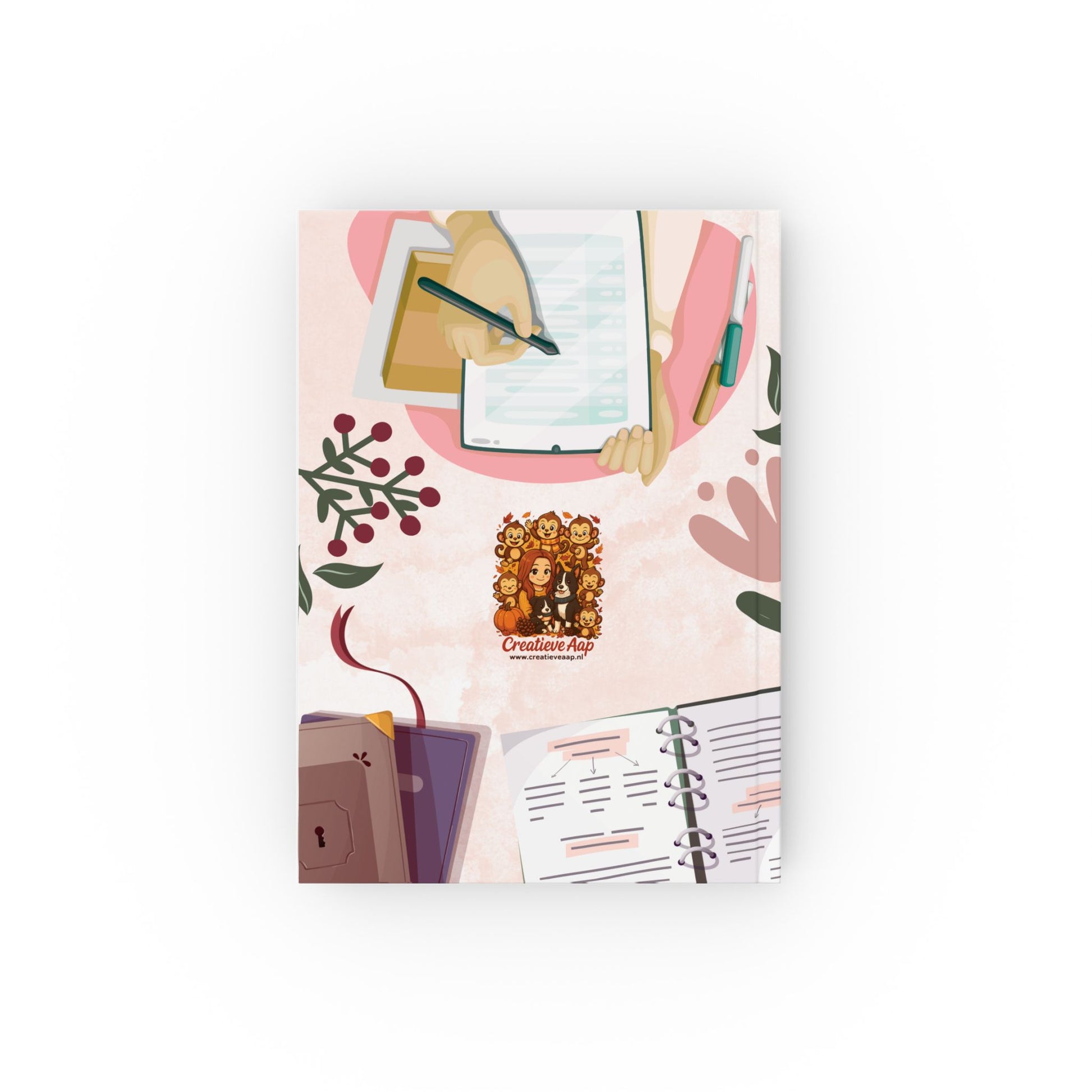 Bullet journal notitieboek met cozy design, Creatieve Aap Collectie 2025 – voorkant met schrijvend hand en open planner

Bullet journal notitieboek met cozy design, Creatieve Aap Collectie 2025 – voorkant met stoel, boeken en koffietafe