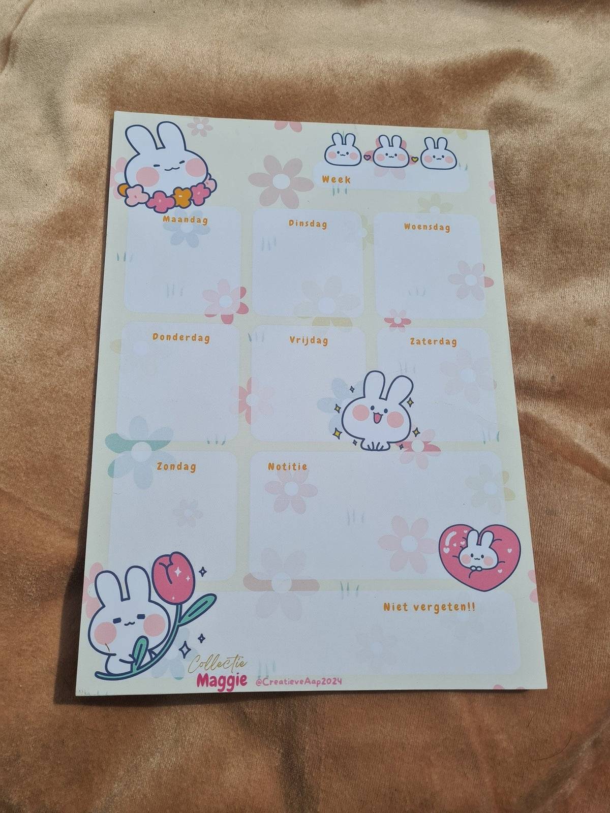 Maggie Kawaii Witte Konijn Week Planner - A4 Formaat - Maandag t/m Zondag - Collectie Maggie