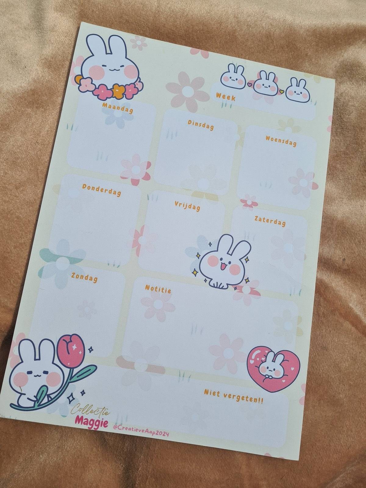 Maggie Kawaii Witte Konijn Week Planner - A4 Formaat - Maandag t/m Zondag - Collectie Maggie