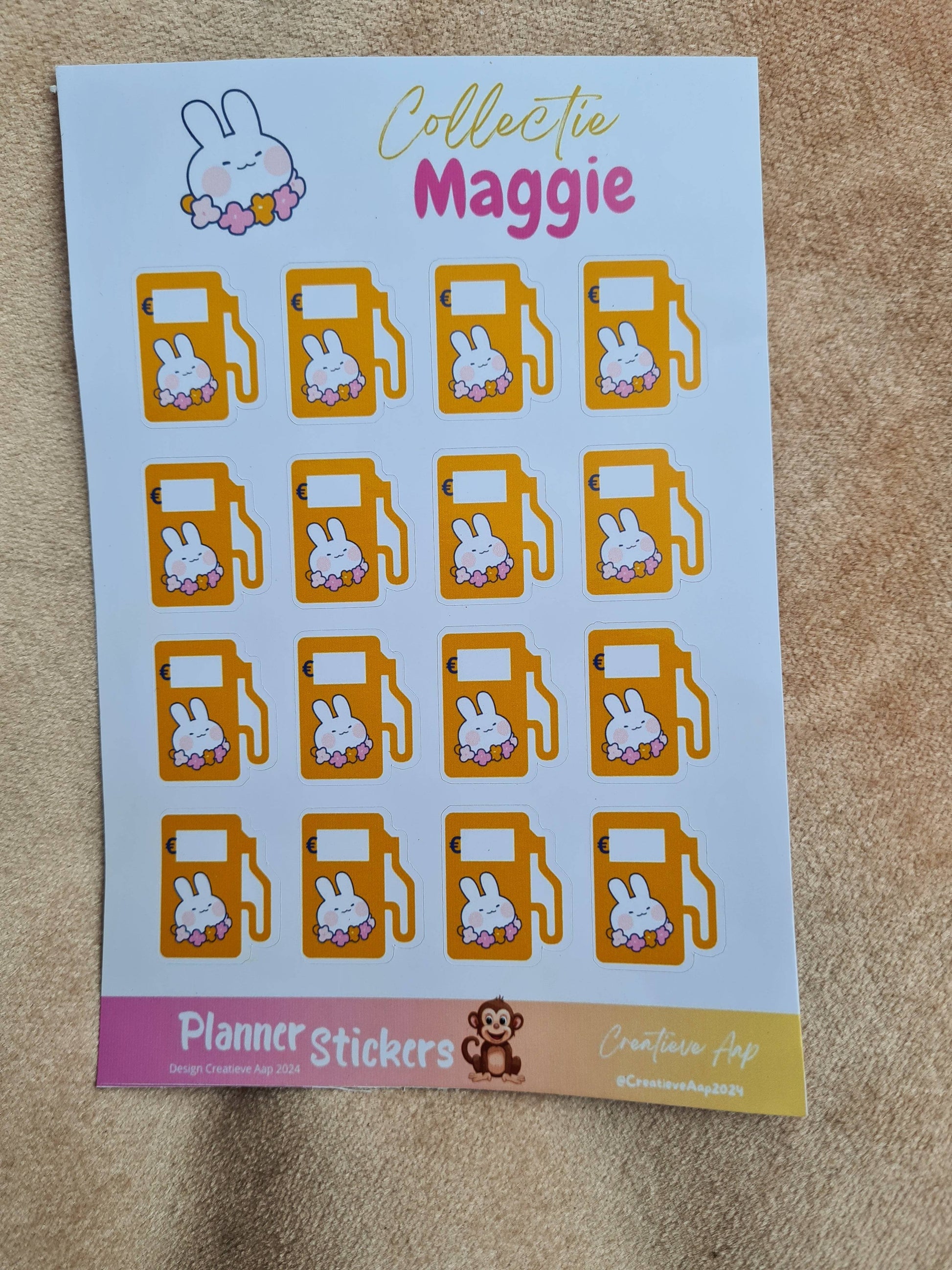 Brandstof tracker Planner Stickers - Maggie Collectie - Vrolijke Kawaii Witte Konijn - Formaat Stickervel 11 x 16 cm - 20 Stickers per Vel - Creatieve Aap