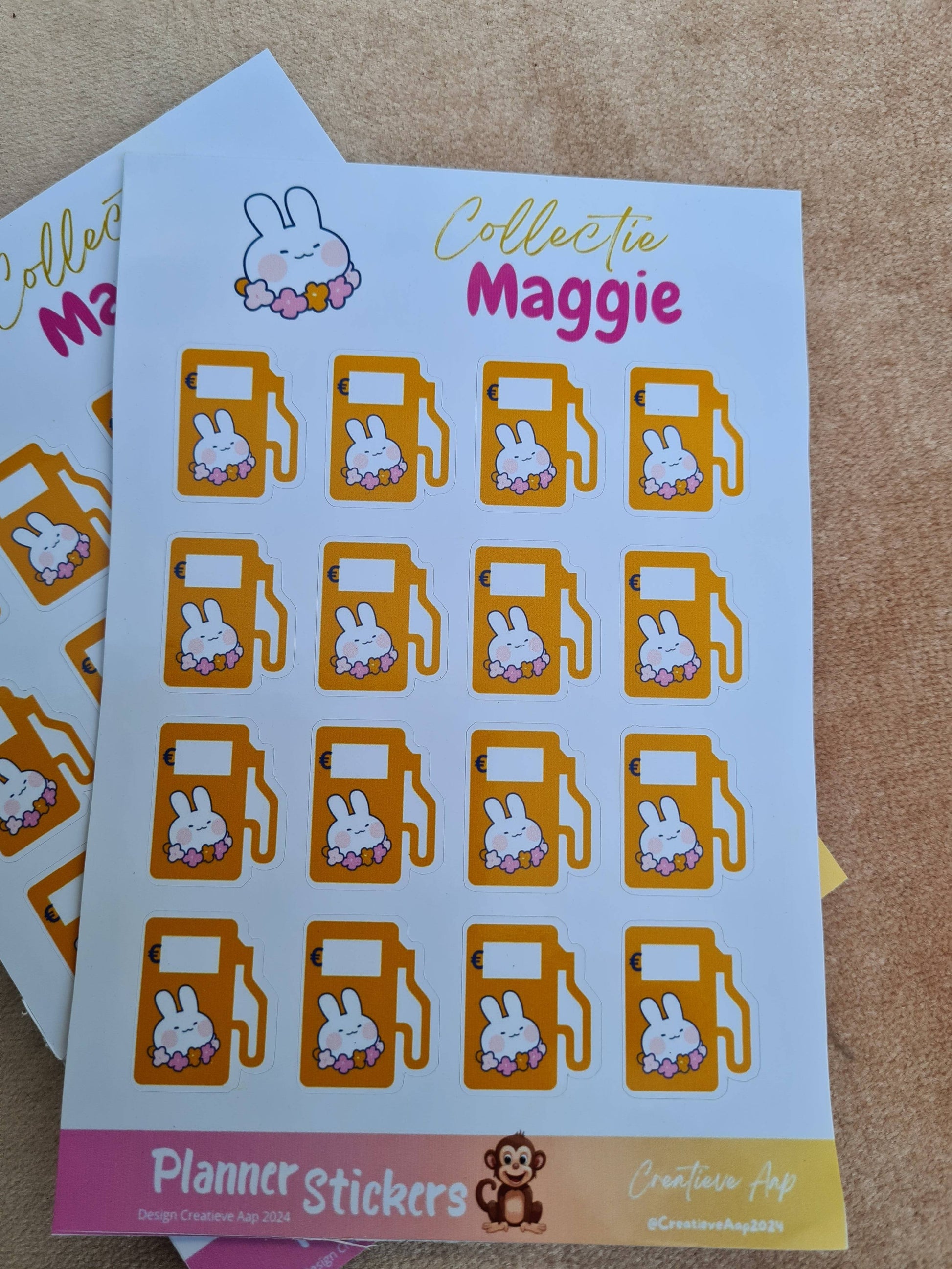 Brandstof tracker Planner Stickers - Maggie Collectie - Vrolijke Kawaii Witte Konijn - Formaat Stickervel 11 x 16 cm - 20 Stickers per Vel - Creatieve Aap