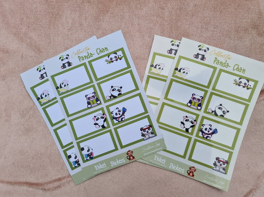 Afbeelding van twee vellen Vinyl Etiketten Stickers uit de Collectie Panda-Chan, elk met 8 schattige panda-illustraties, perfect voor het personaliseren van schoolspullen. Verkrijgbaar in matte en glans afwerking.