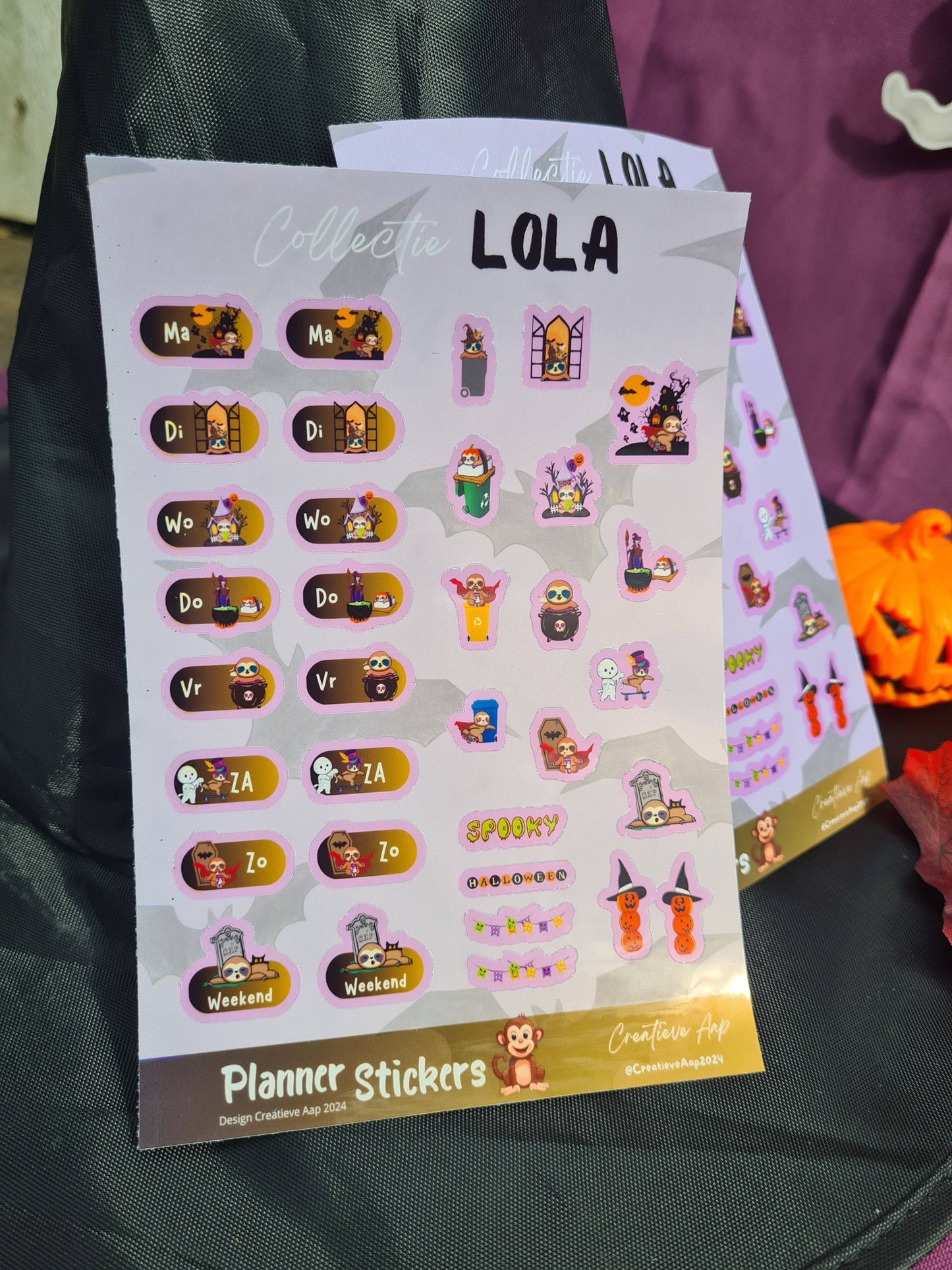 Planner Stickers Halloween Collectie "Lola de Luiaard" – Vinylstickers A5 formaat, Matte & Glans Afwerking - Creatieve Aap