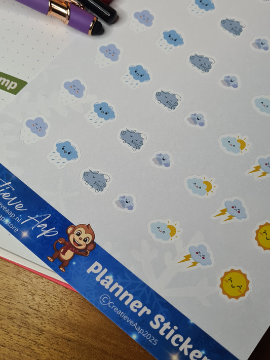 Handgemaakte kawaii weerplannerstickers met wolken, zon en bliksem, op A6/A5 formaat met matte/glanzende afwerking.