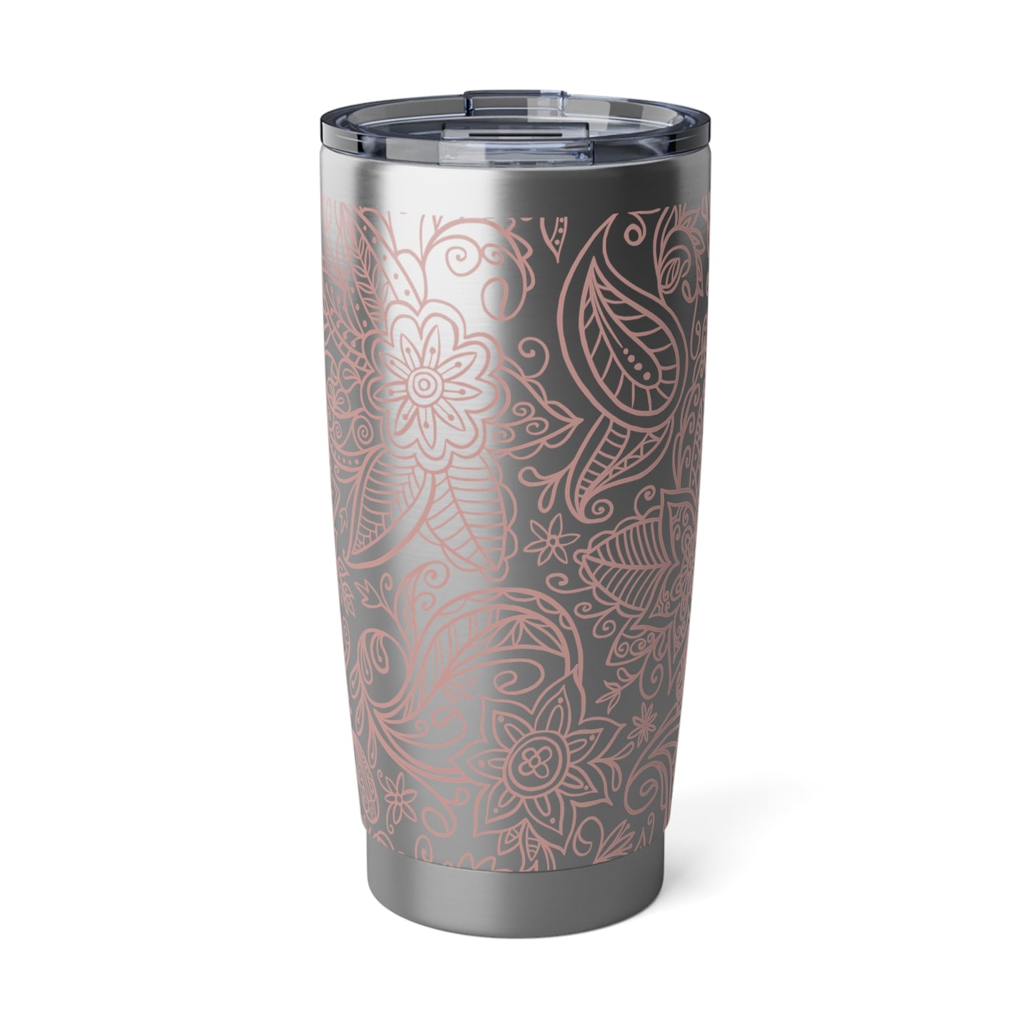 RVS tumbler van 600ml met zachtroze primrose bloemenprint op zilverkleurige achtergrond, dubbelwandig geïsoleerd met transparante schuifdeksel.