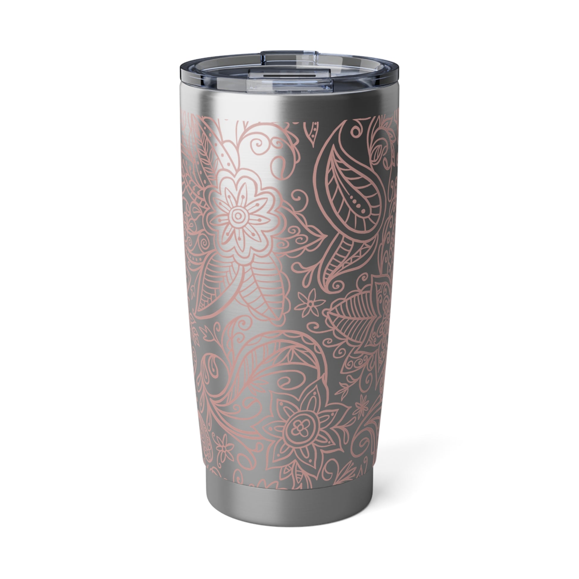 RVS tumbler van 600ml met zachtroze primrose bloemenprint op zilverkleurige achtergrond, dubbelwandig geïsoleerd met transparante schuifdeksel.