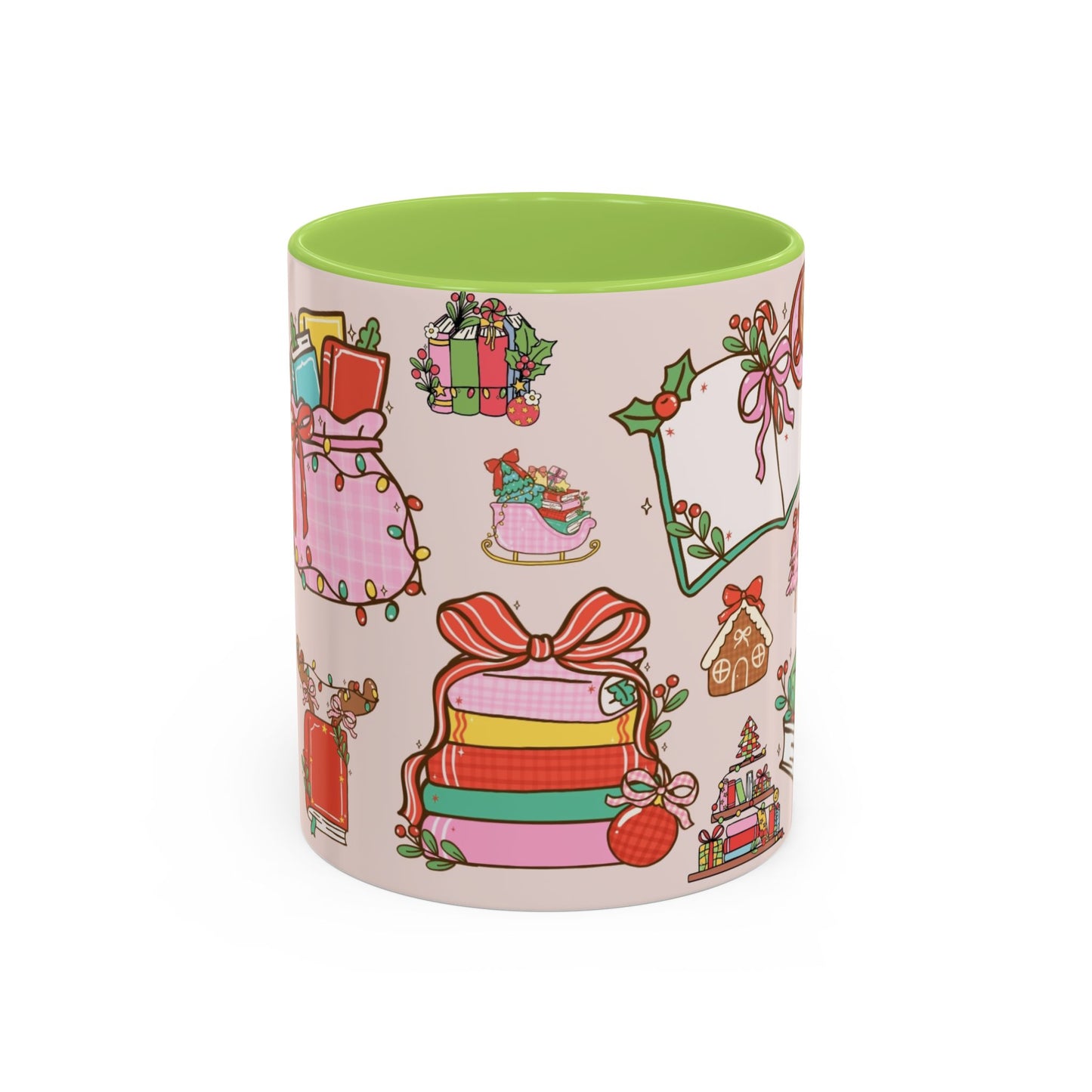 Kerst Mok – Christmas Booklover (330 ml) – Witte keramiek mok met gekleurde binnenkant & oor