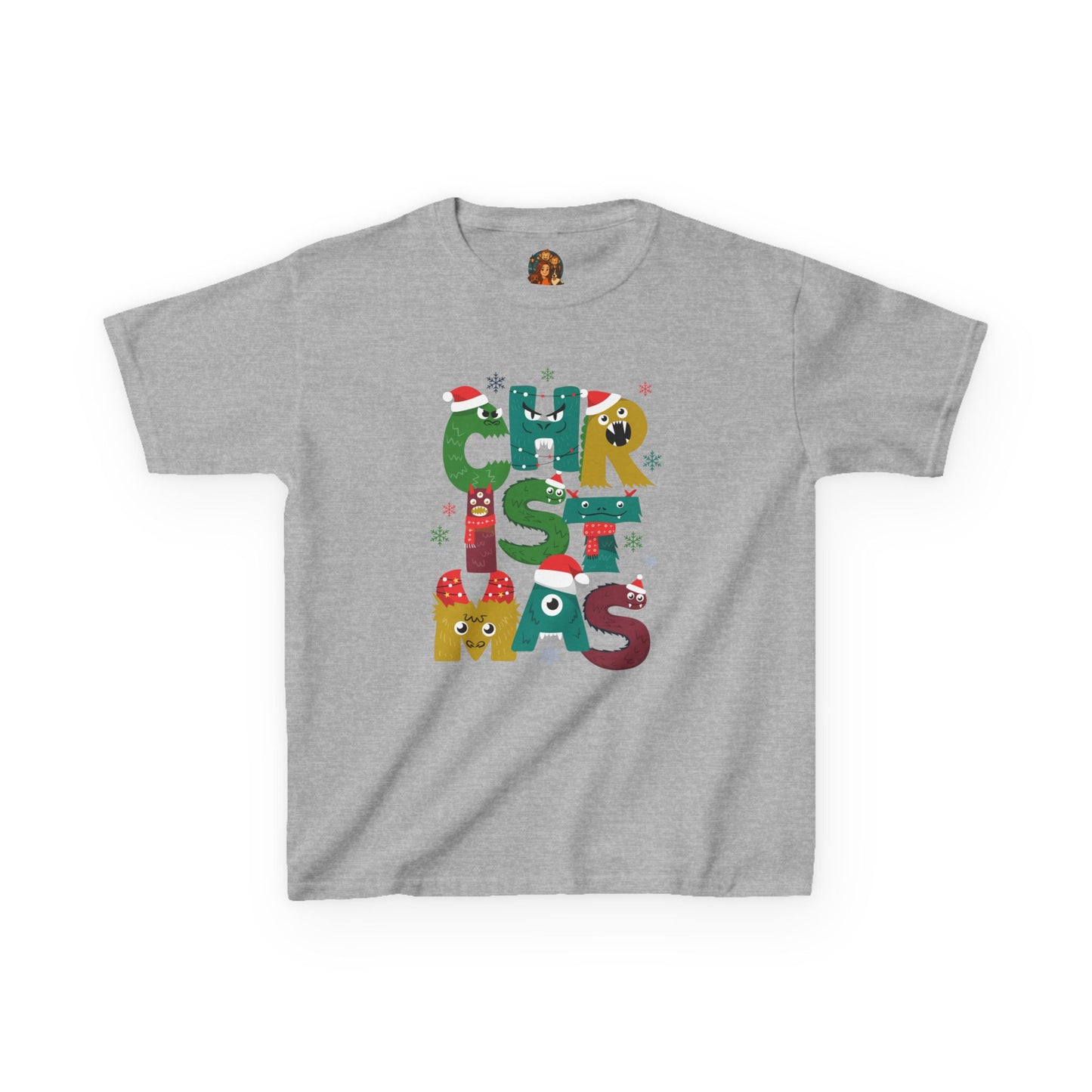 Kinder T-Shirt – Christmas Monster – Kerst 2025 – XS t/m XL – Forest Green / Maroon / White / Sport Grey