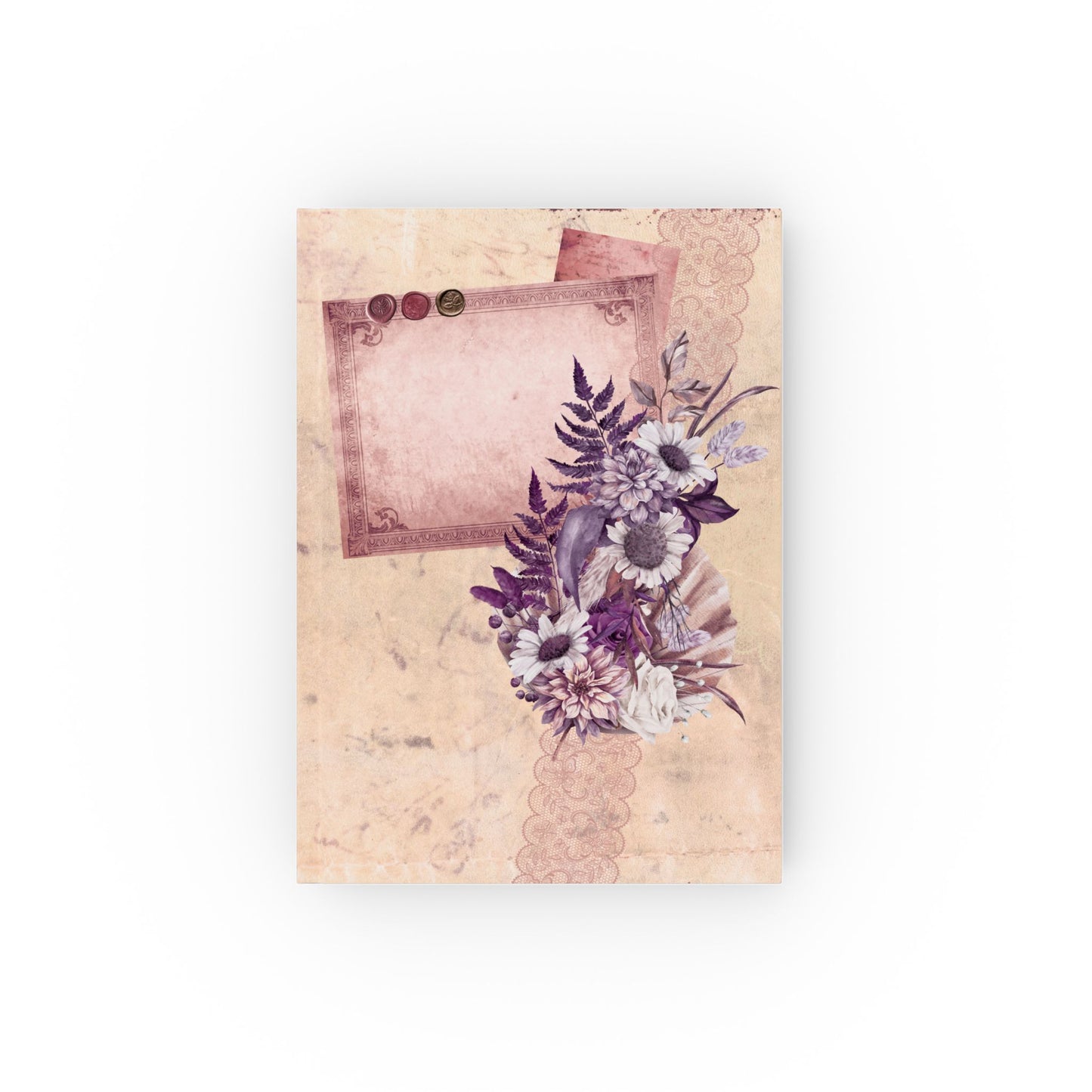 Notitieboek vintage bloemen – voorkant met paarse bloemen op beige achtergrond

Notitieboek vintage bloemen – achterkant met antiek design en bloemendecoratie