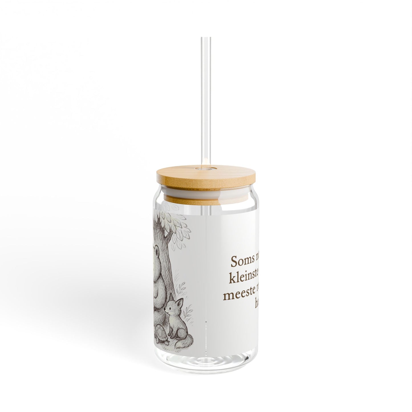 Drinkglas Berenwijsheid 473 ml – Met Quote en Illustratie – Glas met Bamboe Deksel en Rietje
