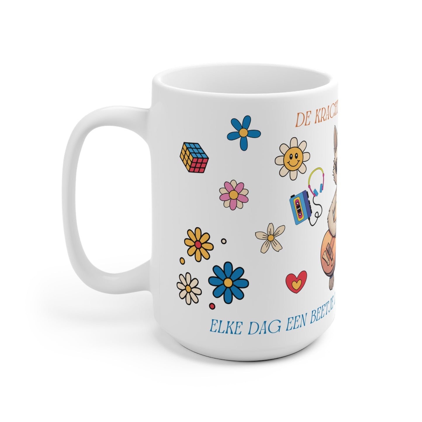 Mok "De Kracht van Positiviteit" – Kat met Gitaar – Retro Flower Power Design (325 ml & 440 ml) Printify