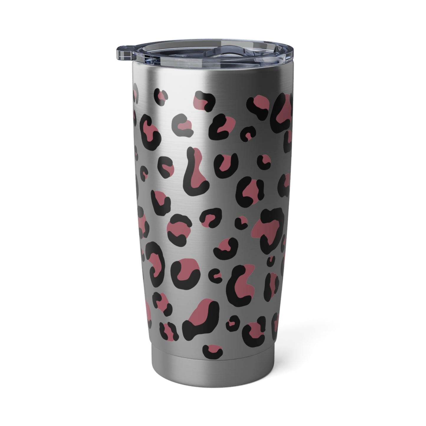RVS tumbler 600ml met Herfst Dierenprint, luipaardmotief in roze en zwart op zilverkleurige achtergrond.