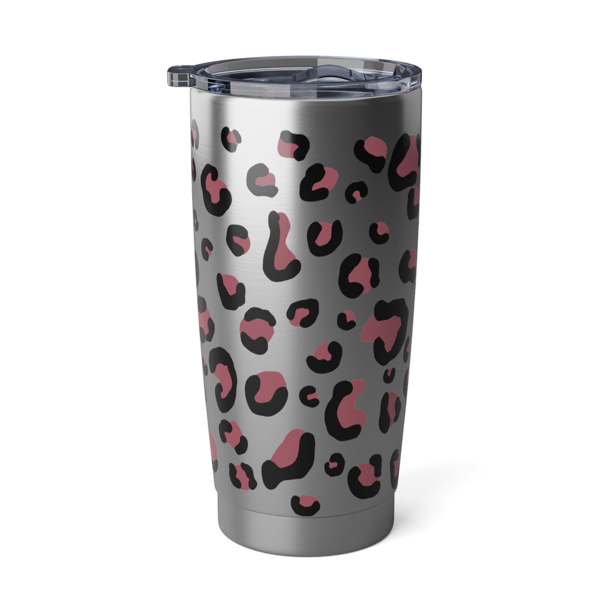 RVS tumbler 600ml met Herfst Dierenprint, luipaardmotief in roze en zwart op zilverkleurige achtergrond.