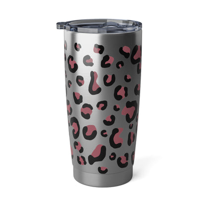RVS tumbler 600ml met Herfst Dierenprint, luipaardmotief in roze en zwart op zilverkleurige achtergrond.