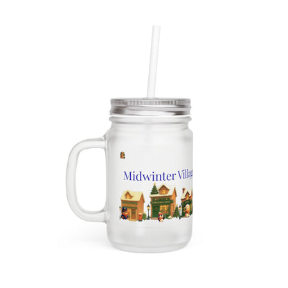 🏘️ Midwinter Village – Frosted Mason Jar met Rietje (12oz)