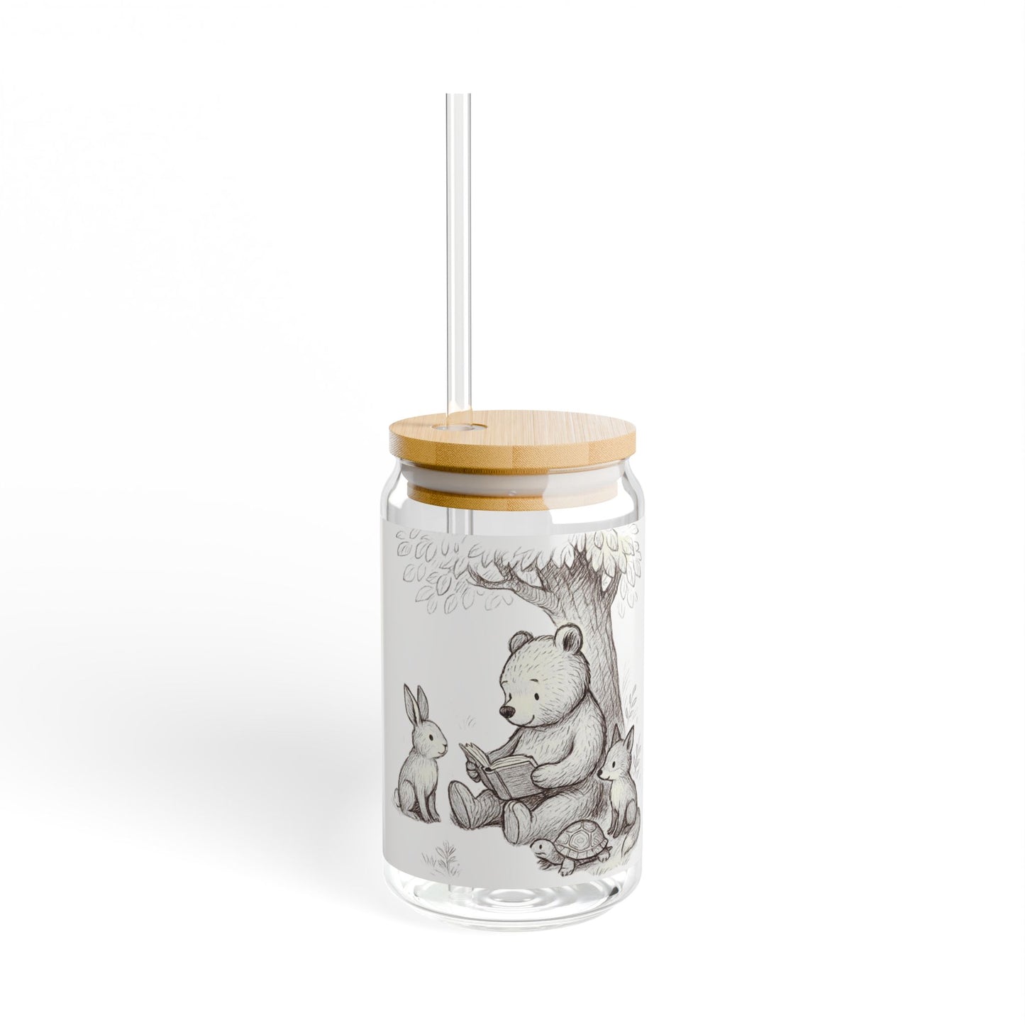 Drinkglas Berenwijsheid 473 ml – Met Quote en Illustratie – Glas met Bamboe Deksel en Rietje