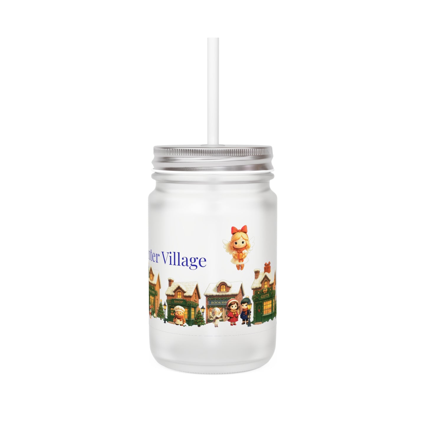 🏘️ Midwinter Village – Frosted Mason Jar met Rietje (12oz)