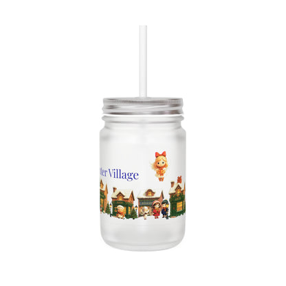 🏘️ Midwinter Village – Frosted Mason Jar met Rietje (12oz)