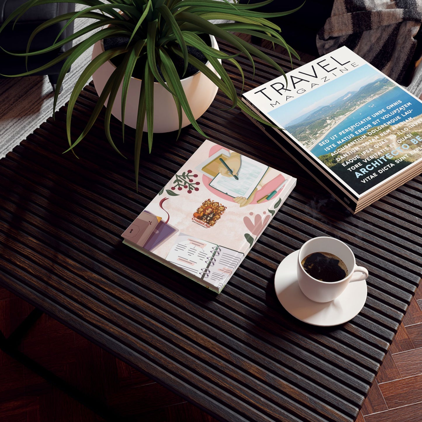 Bullet journal notitieboek met cozy design, Creatieve Aap Collectie 2025 – voorkant met schrijvend hand en open planner

Bullet journal notitieboek met cozy design, Creatieve Aap Collectie 2025 – voorkant met stoel, boeken en koffietafe