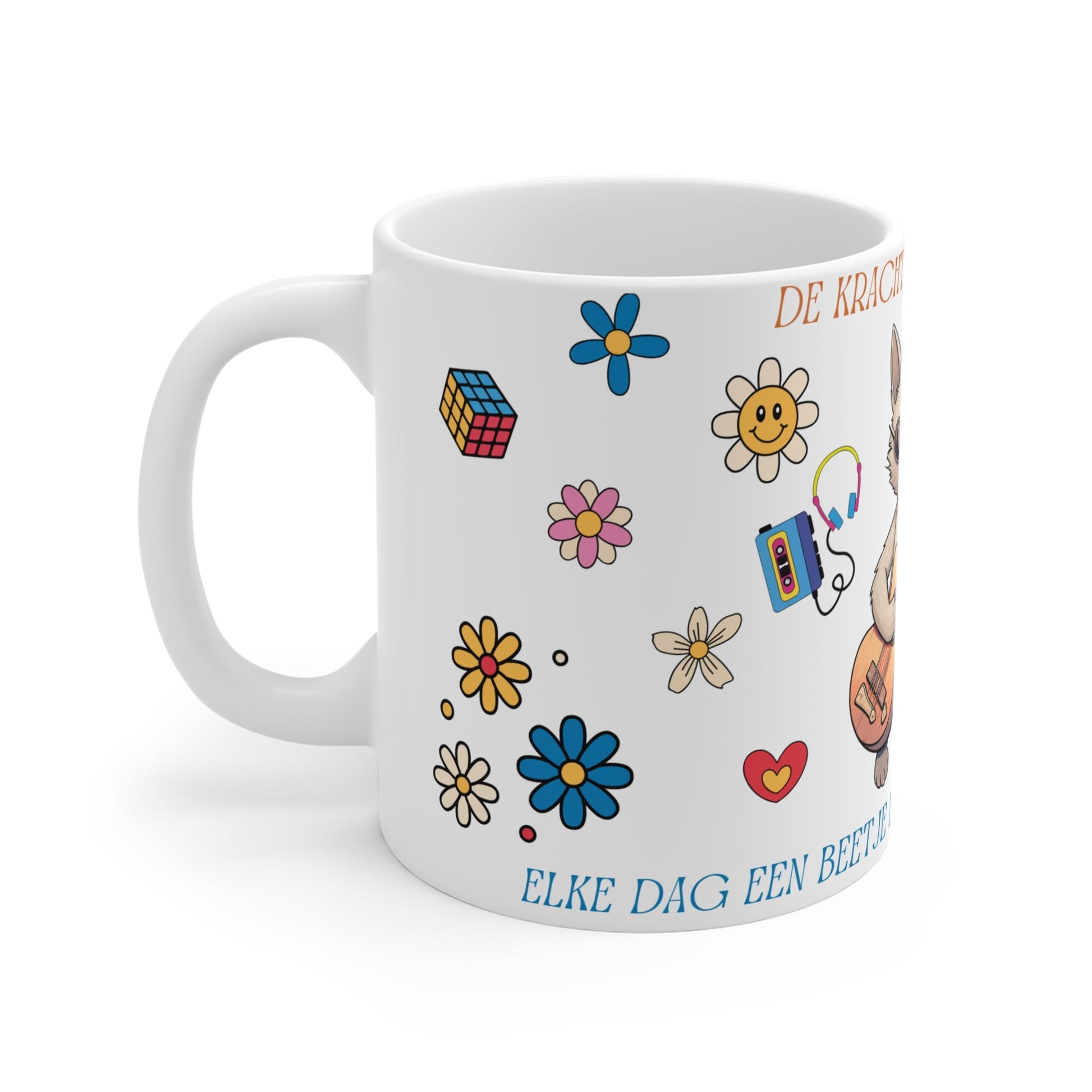 Mok "De Kracht van Positiviteit" – Kat met Gitaar – Retro Flower Power Design (325 ml & 440 ml) Printify