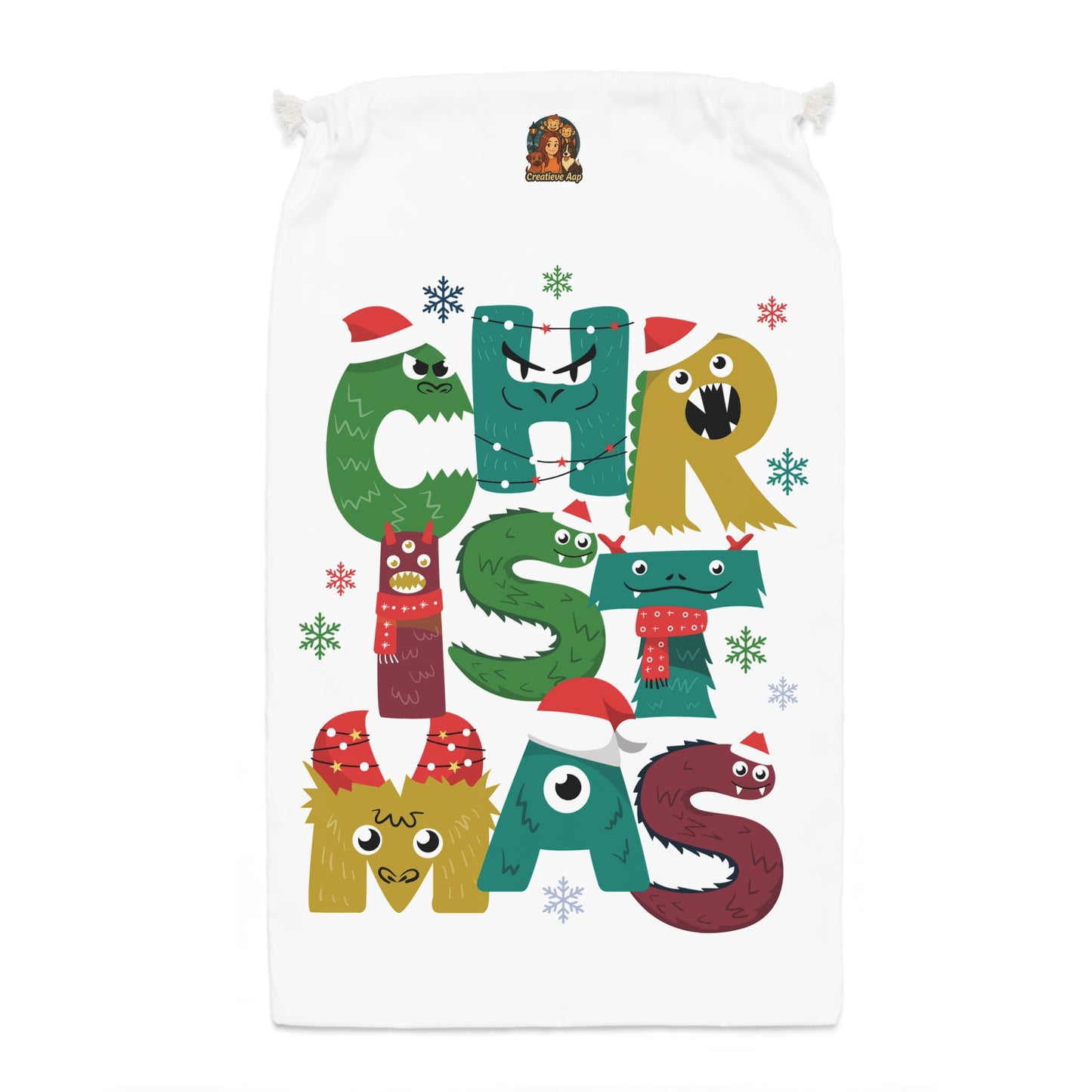 🎄 Kerst Cadeau Zak – Christmas Monster Letters (55 × 85 cm)
