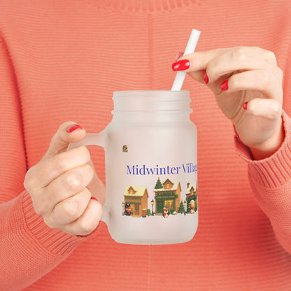 🏘️ Midwinter Village – Frosted Mason Jar met Rietje (12oz)