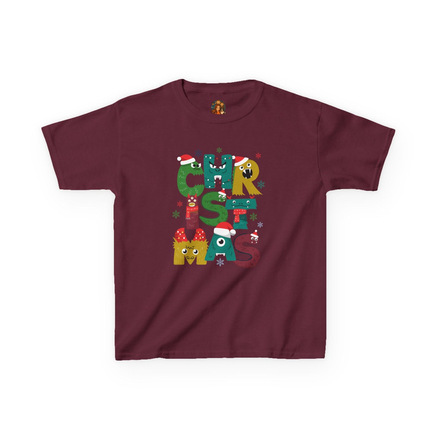 Kinder T-Shirt – Christmas Monster – Kerst 2025 – XS t/m XL – Forest Green / Maroon / White / Sport Grey