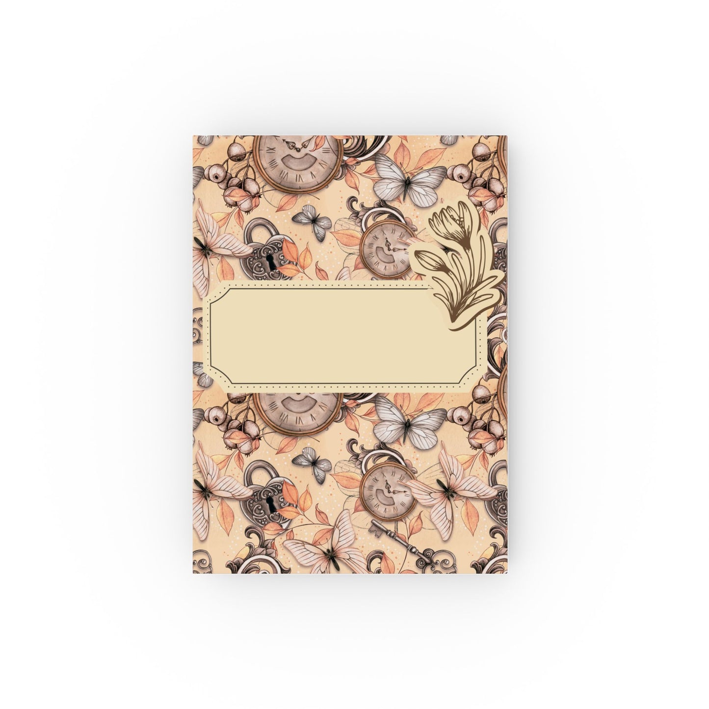 Notitieboek Vintage Tijd & Vlinders – voorkant met klokken en vlinders op beige achtergrond (13,2 x 18,8 cm)

Notitieboek Vintage Tijd & Vlinders – achterkant met klokken en vlinders, beige achtergrond (13,2 x 18,8 cm)