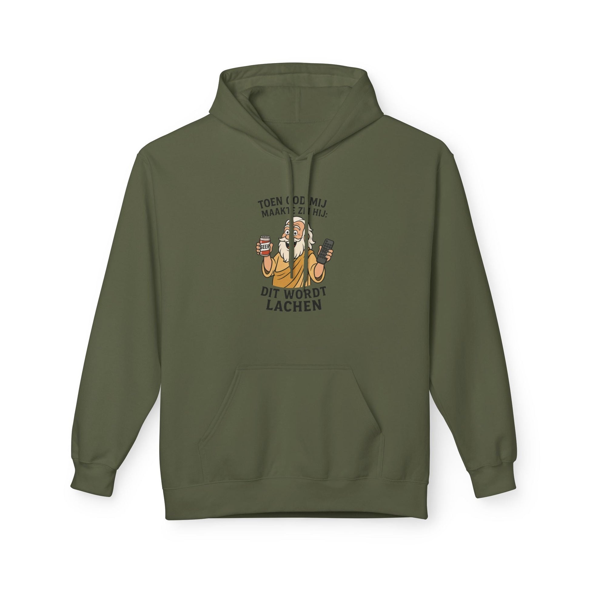Humor dit wordt lachen hoodie Military Green Capuchon met trekkoord en buidelzak. Afbeelding humor (god) met bier en afstandsbediening in hand. en tekst Toen god mij maakte zei hij: Dit wordt Lachen