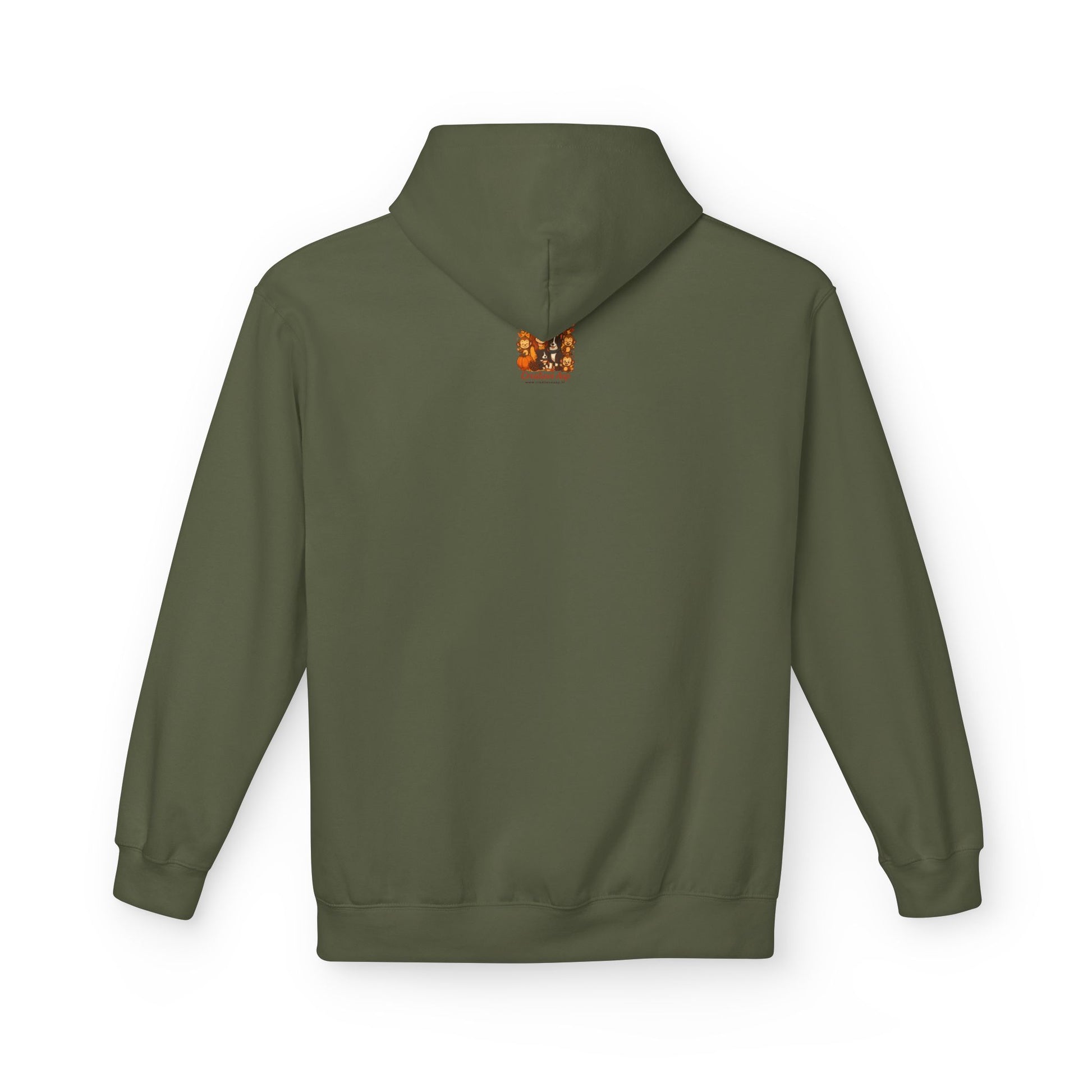 Hoodie Amsterdammer Military Green achterkant met capuchon en rand logo Creatieve Aap klein