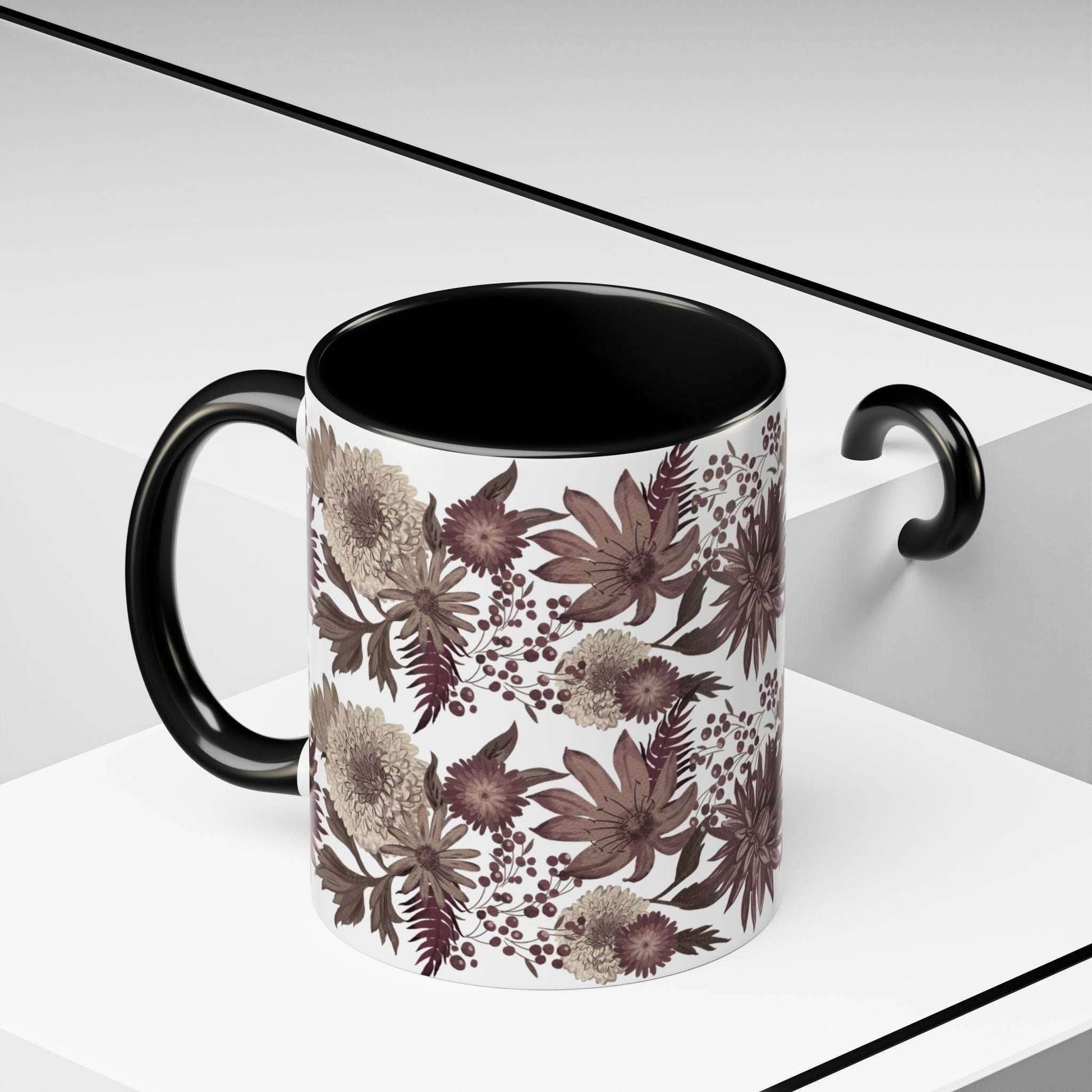 Bloemen Elegance Keramische Mok – 330 ml – Zwart Binnenkant - Creatieve Aap