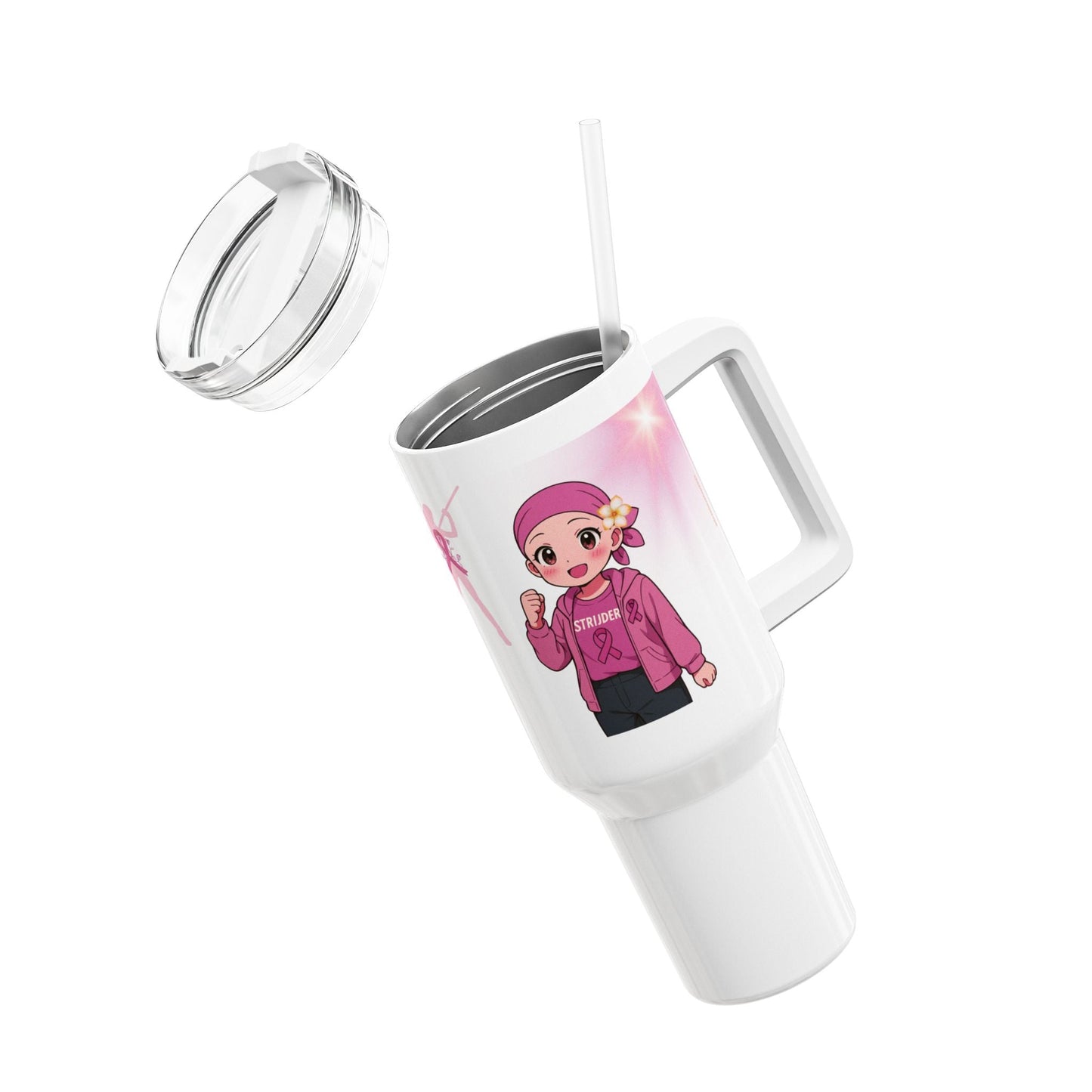 Tumbler met Handvat – Borstkanker Strijder – Inspirerende Tekst & Anime Karakter – 887 ml – Dubbelwandig RVS Printify