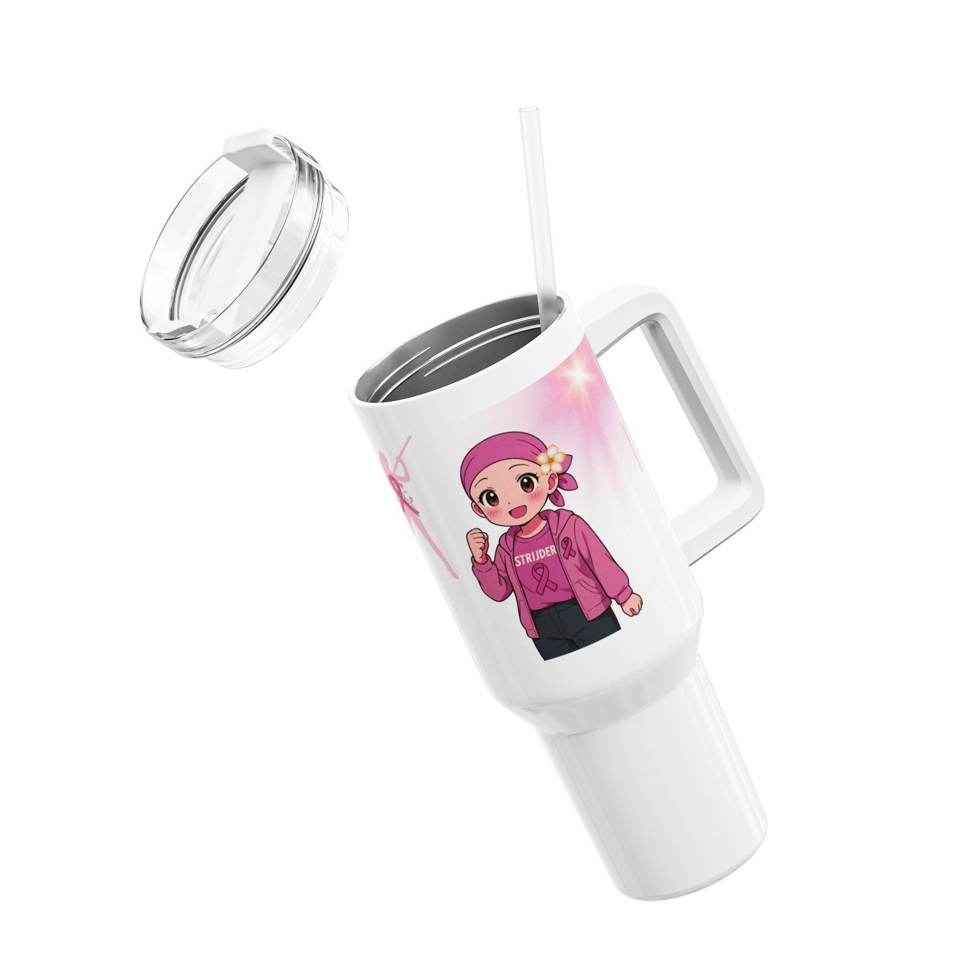Tumbler met Handvat – Borstkanker Strijder – Inspirerende Tekst & Anime Karakter – 887 ml – Dubbelwandig RVS Printify