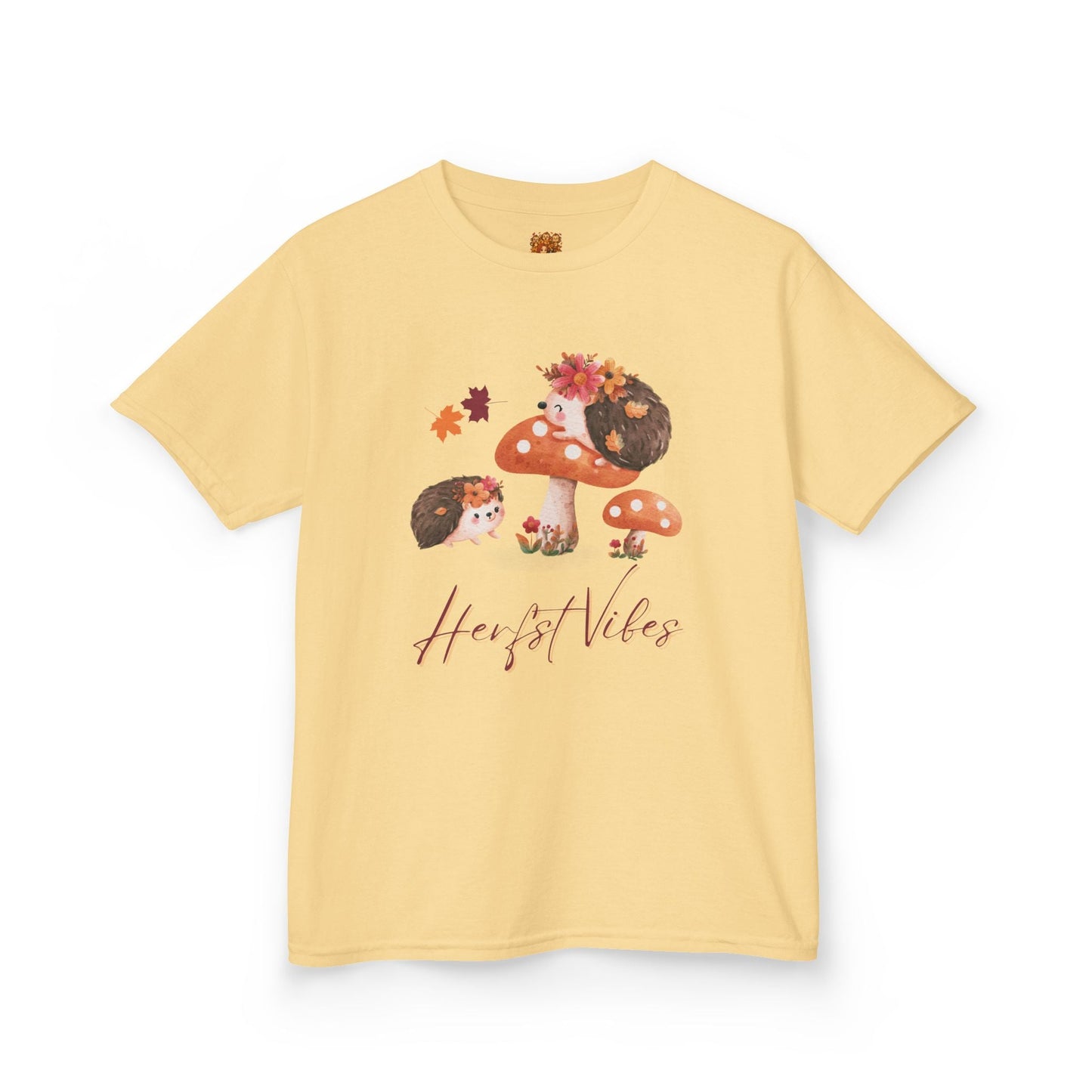 Herfst Vibes egel kinder shirt Yellow haze met bedrukking voor