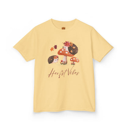 Herfst Vibes egel kinder shirt Yellow haze met bedrukking voor