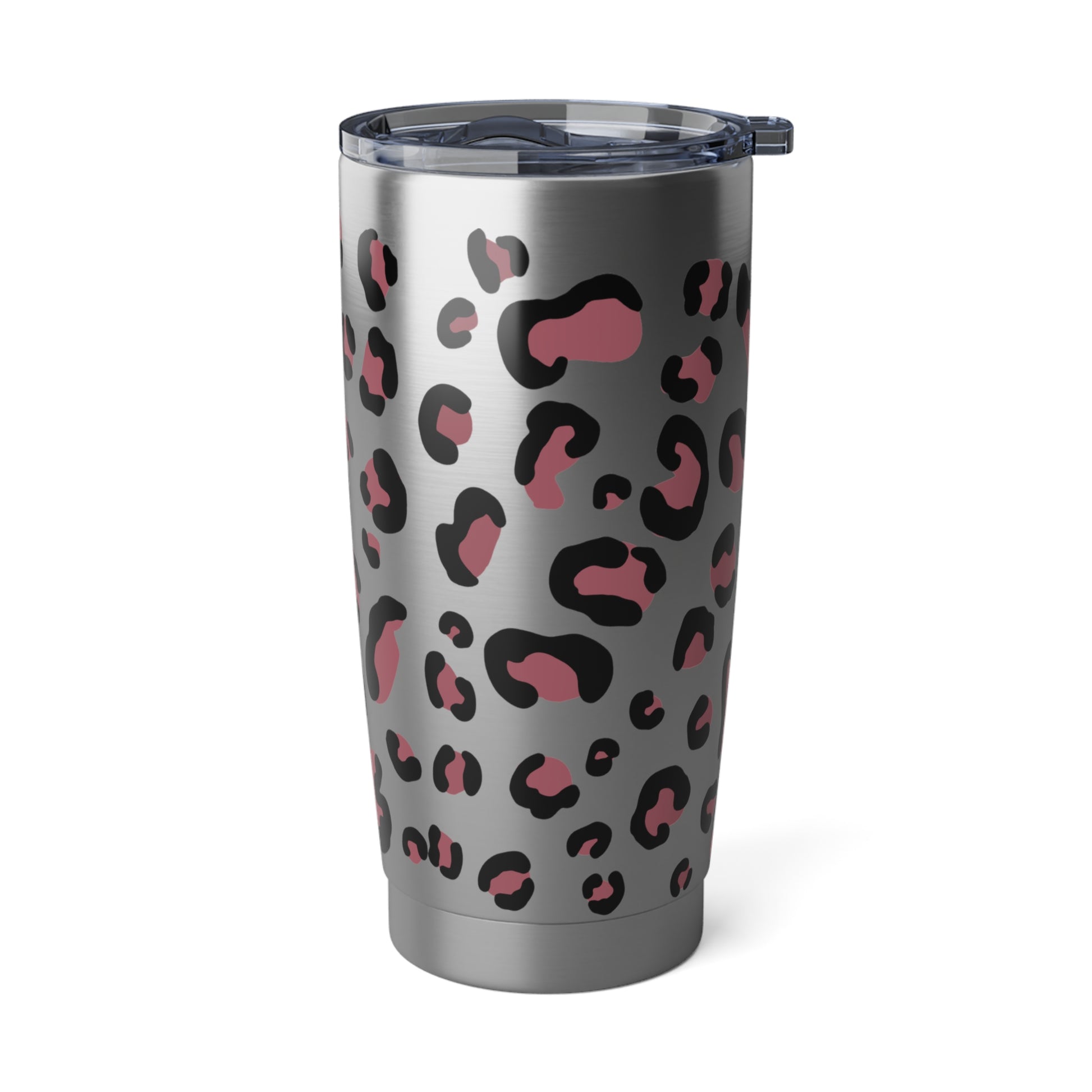 RVS tumbler 600ml met Herfst Dierenprint, luipaardmotief in roze en zwart op zilverkleurige achtergrond.
