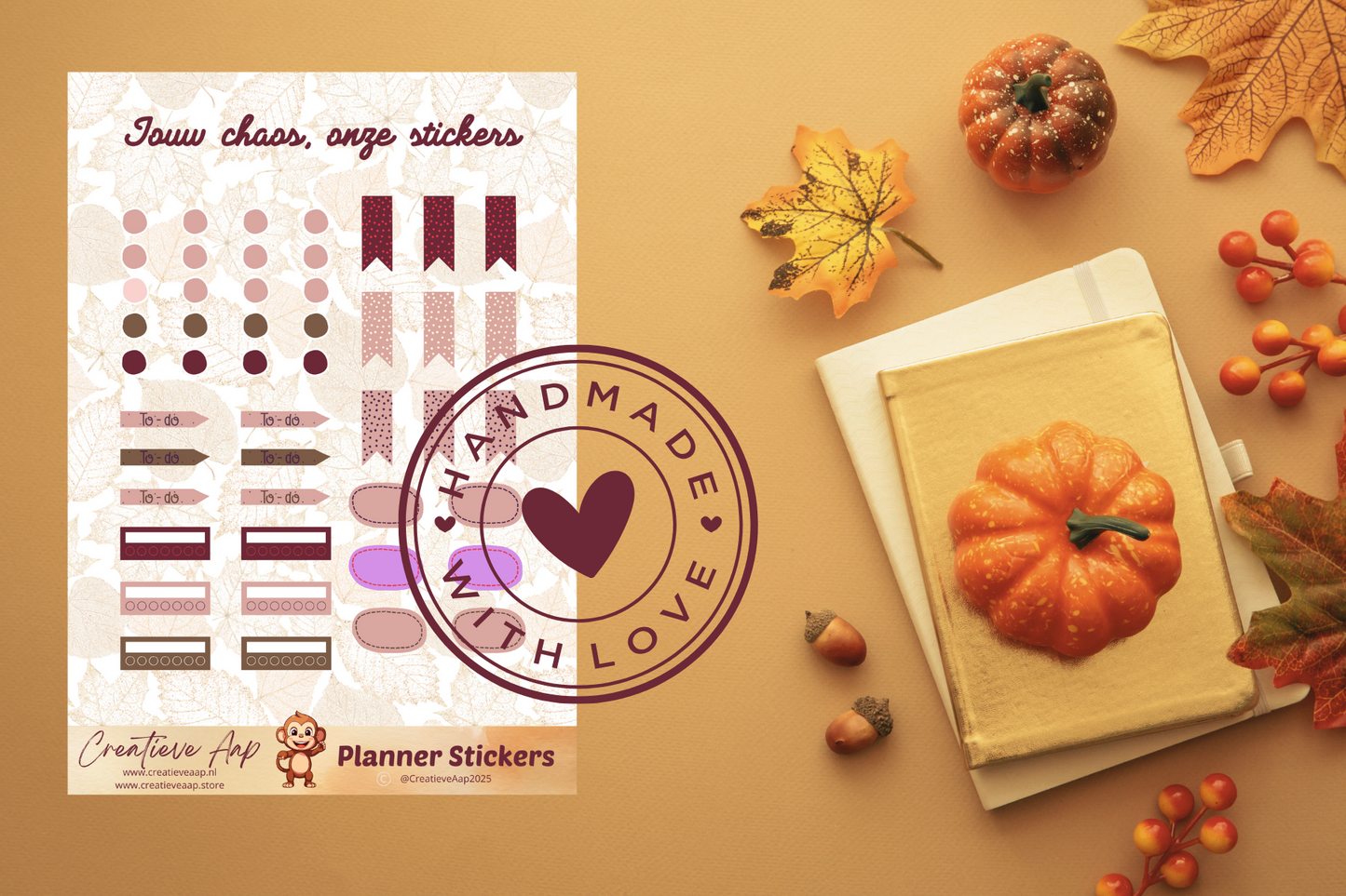 Planner stickers “Accessoires” in herfstkleuren 🍂📌✨ – met to-do’s, bullets en banners. Handgemaakt design van Creatieve Aap, verkrijgbaar in A6 en A5 formaat, matte of glans afwerking.